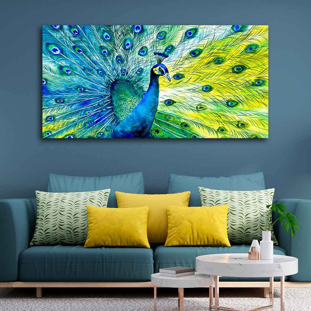 VIBECRAFTS Canvas Paintings for Living Room Drawing Room Colorful Peacock Canvas Wall Painting Fitted With Wooden Frame For Home | Office | Living Room | Gift (PTVCH_2488)