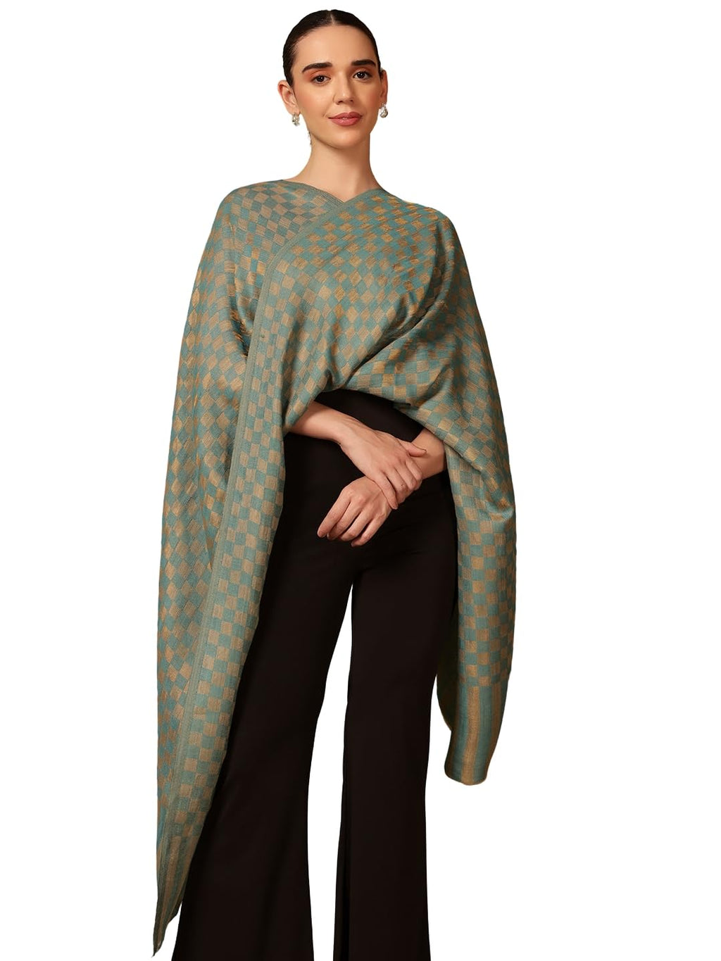 Pashmoda Women Champagne Check Reversible Zari Moonlight Fine Wool Stole (Size : 28x80in, 71X203cm) ZSST02