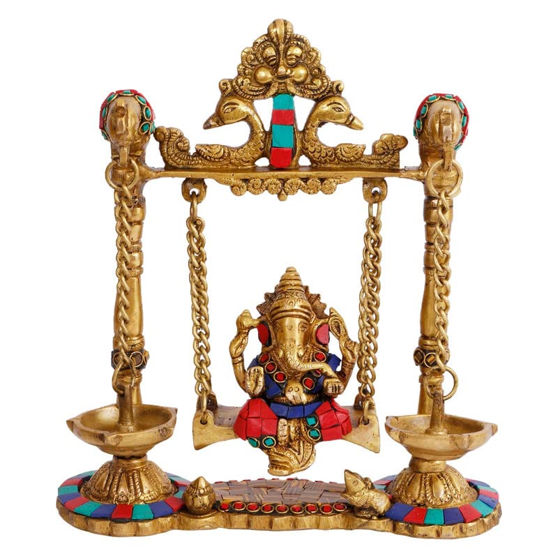 SVARUP Brass Jhula Ganesha Idol in Multicolor Height 8 Inch Weight 2.2 Kg