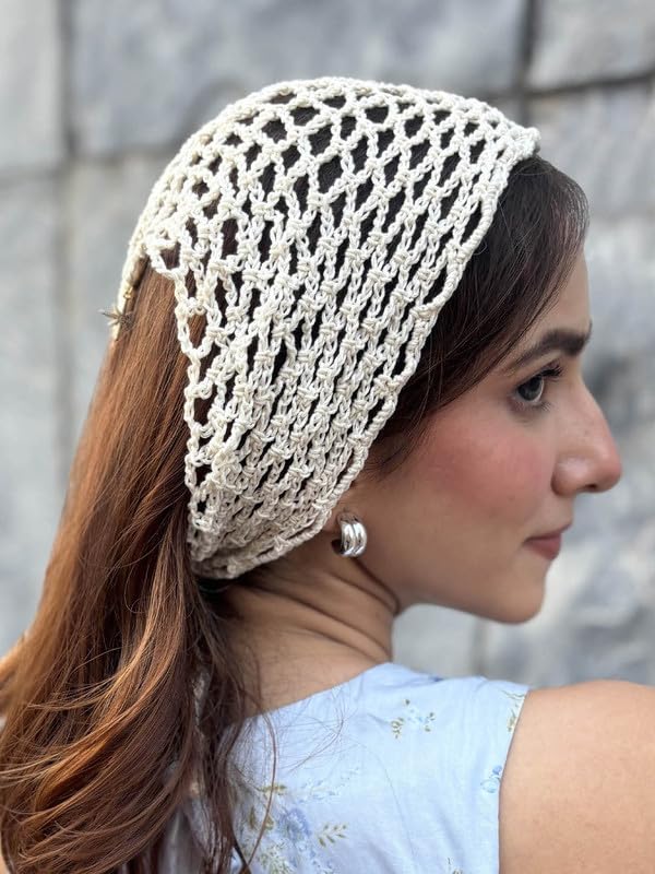 Hair Drama Co. Boho Crochet Scarf with Celestial Charms For Women | Small Size Off White Crochet Headscarf | Bohemian Bandana Scarves | Cotton Thread Headband Scarfs for All Seasons