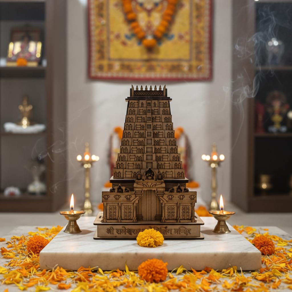 YOGMAYA Wooden Rameshwaram Temple 3D Model – 10 Inch Decorative Handcrafted Temple Replica for Home Decor & Gift