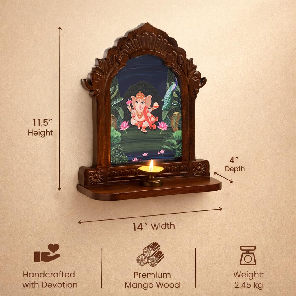 RITUALISTIC Wooden Mandir for Home Wall | Home Temple with Removable Tray | Compact Wooden Mandir for Daily Pooja |Wall Mounted Pooja Stand for Home Décor | Dimension 11.5 x 4 x 14 inches | Ganesha