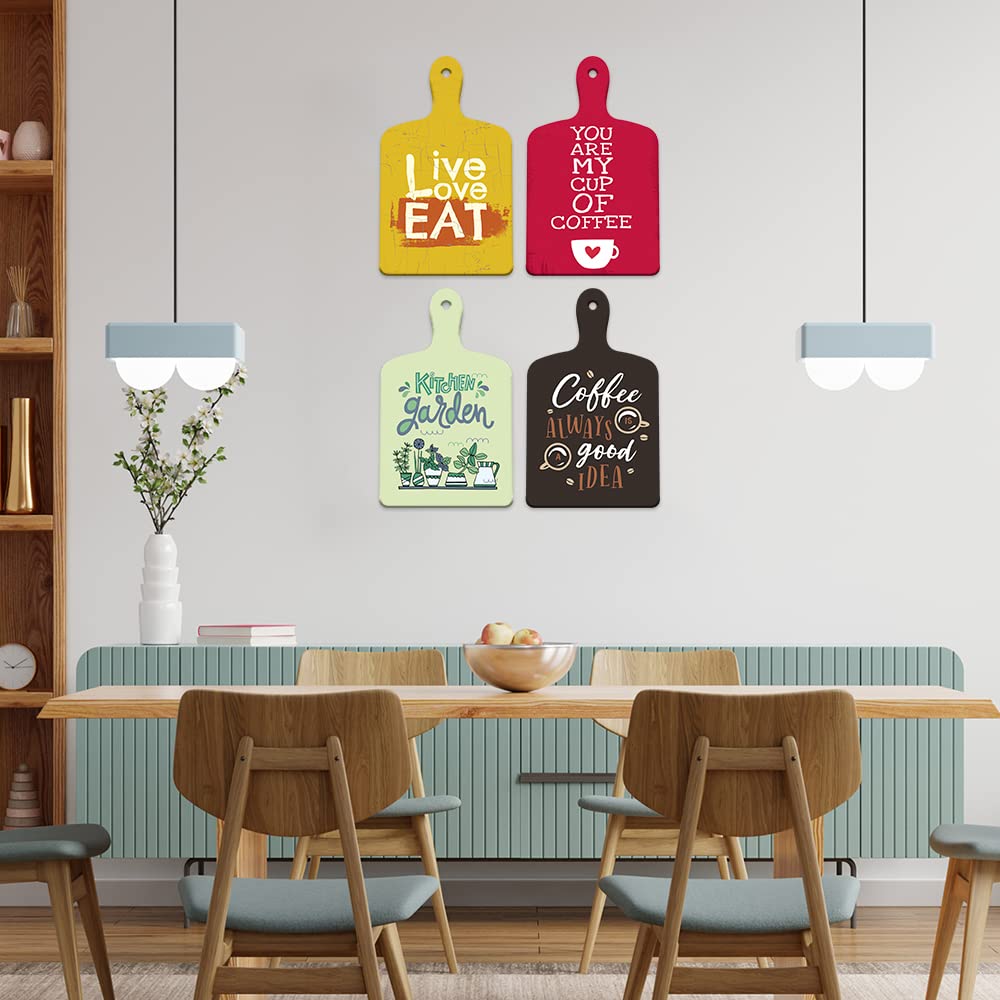 Artvibes Live Love Eat Printed Wooden Wall Hanging for Kitchen | Cafe | Restaurant | Dining Room | Quotes Decor Item | Wall Poster | Food Quotes Decoration | Gift Items | Gifts (WH_5605N), Set of 4