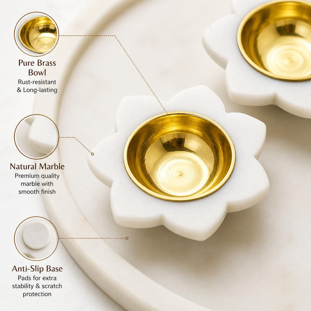 White Marble Tealight Candle Holders with Brass Interior, Set of 3 — Elegant Home & Festive Decor| Decor Items | Diya for Pooja, Decor and Special Occasion