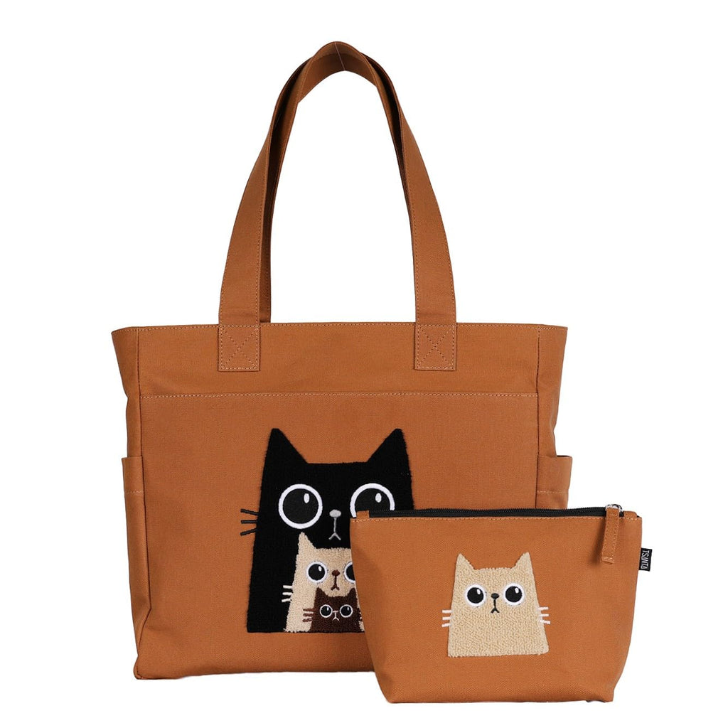 TSANTA Kitty Cat U-Shaped Canvas Tote Bag with Pouch Combo (Large) | Cotton Shoulder Tote with Zipper, Laptop Compartment & Organizer Pockets | Reusable Travel, Office & Everyday Carry Bag for Women