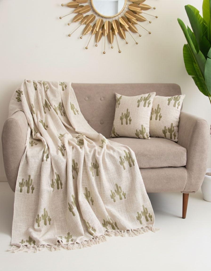 DMAASA Handmade Cotton Jute Sofa Throw Blanket (50x70 inch) with 2 pcs Cushion Cover (16x16 Inch) Couch & Bed Throws (Pack of 3, Cactus Print) Kafalo