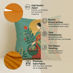 STITCHNEST Satin Cushion Covers Elegant Woman in Saree with Basket & Flowers, 24x24 Inch, Pack of 2 for Ethnic Sofa Styling & Gifting