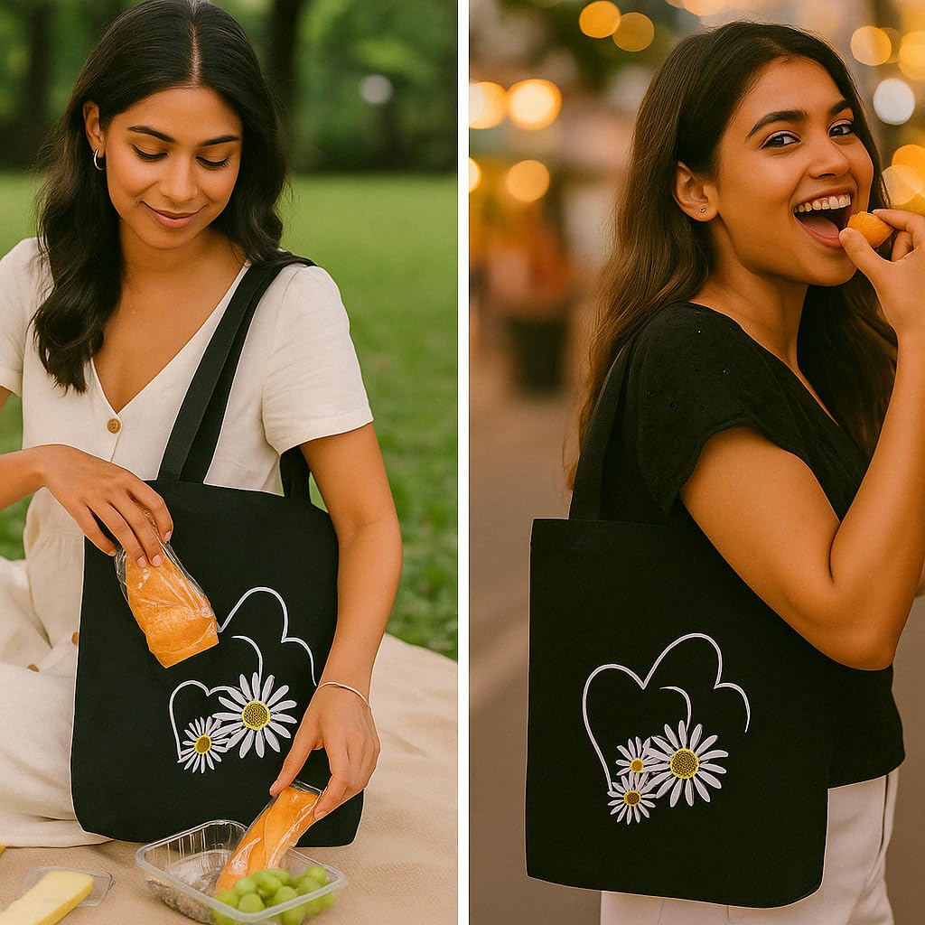 MASQ by Q-One Daisy heart Embroidered Canvas Tote Bags for Women with Zip, College Bag for Girls, 100% Organic Cotton Tote Bag for Traveling & Daily Use | Stylish Gifts for Women and Girl