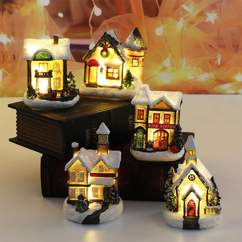 ATORSE® Resin Christmas Scene Snow House Led Village Set Desktop Decoration Gift A