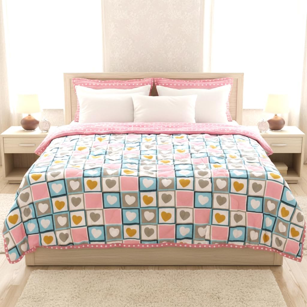 ComfyCozi 220 GSM 100% Cotton Microfibre Reversible Comforter AC Blanket for Summer/Winter/Quilt Soft Breathable Floral Print Duvet Single/Double Bed (Pink, Single Bed(144x220 CM)) Kafalo
