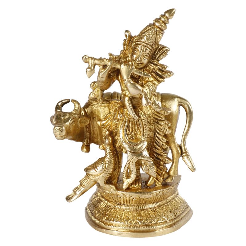 SVARUP Brass Krishna Bhagwan Idol with Gau MATA in Gold Color Height 5 Inch