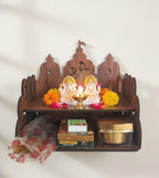 Bindian Wooden Home Temple/Mandir for Wall & Table | Pre-Laminated Dark Brown MDF Board | Ideal for Pooja Ghar, Office Desk & Small Spaces | Durable 4.2mm Thickness | H 8 x L 9 with 2.5 Storage