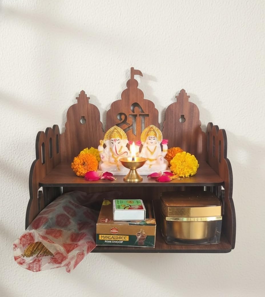 Bindian Wooden Home Temple/Mandir for Wall & Table | Pre-Laminated Dark Brown MDF Board | Ideal for Pooja Ghar, Office Desk & Small Spaces | Durable 4.2mm Thickness | H 8 x L 9 with 2.5 Storage