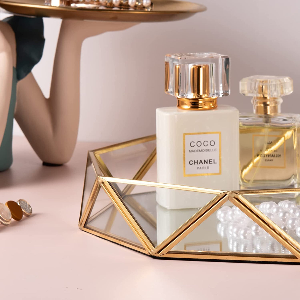 ARTINCO Gold Clear Glass Mirror Make up Vanity Tray Jewelry Organizer Cosmetic Display, Geometric Shape Perfume Display Decorative Tray for Home Decor Dresser Countertop 7.5 x 2 Inch Small