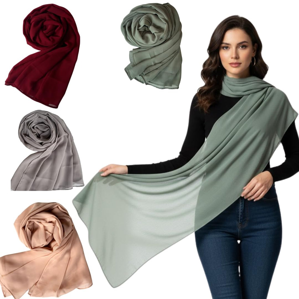 10z Trove Georgette Dupatta for Women – Soft Lightweight Stole/Shawl, 70x200cm Trendy Solid Colors (Sage Green, Wine Red, Light Gray, Blush Pink)
