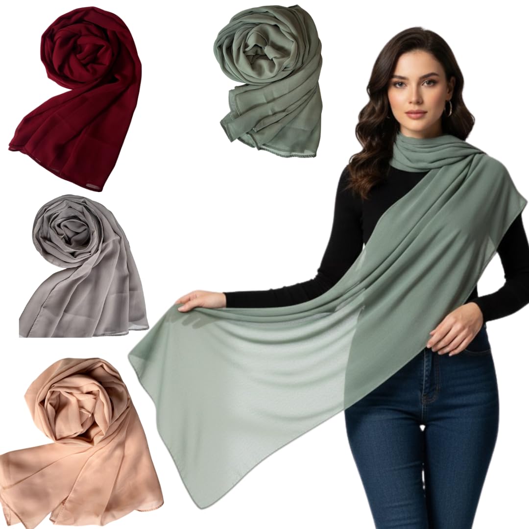 10z Trove Georgette Dupatta for Women – Soft Lightweight Stole/Shawl, 70x200cm Trendy Solid Colors (Sage Green, Wine Red, Light Gray, Blush Pink)