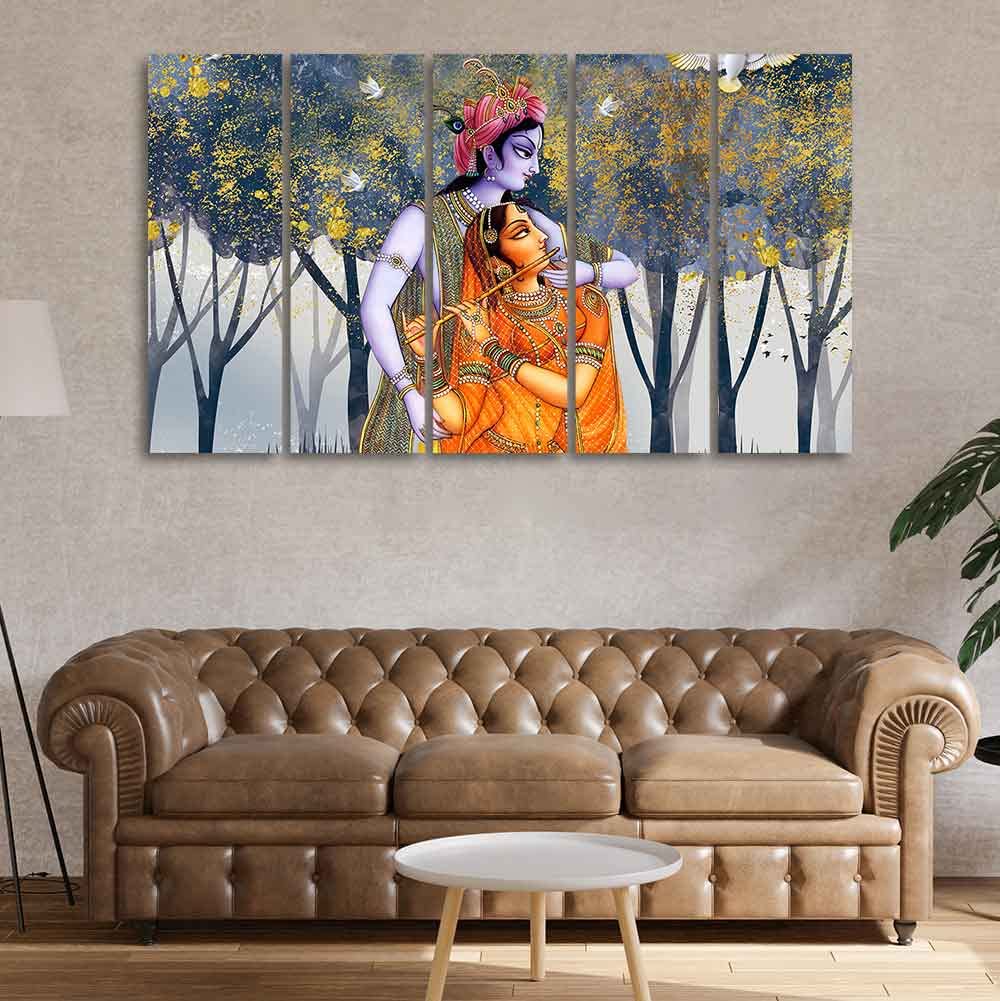 VIBECRAFTS Radhe Krishna Canvas Wall Painting Set of Five Pieces For Home|Office|Living Room|Gift (PTVC5Pcs4_8744)