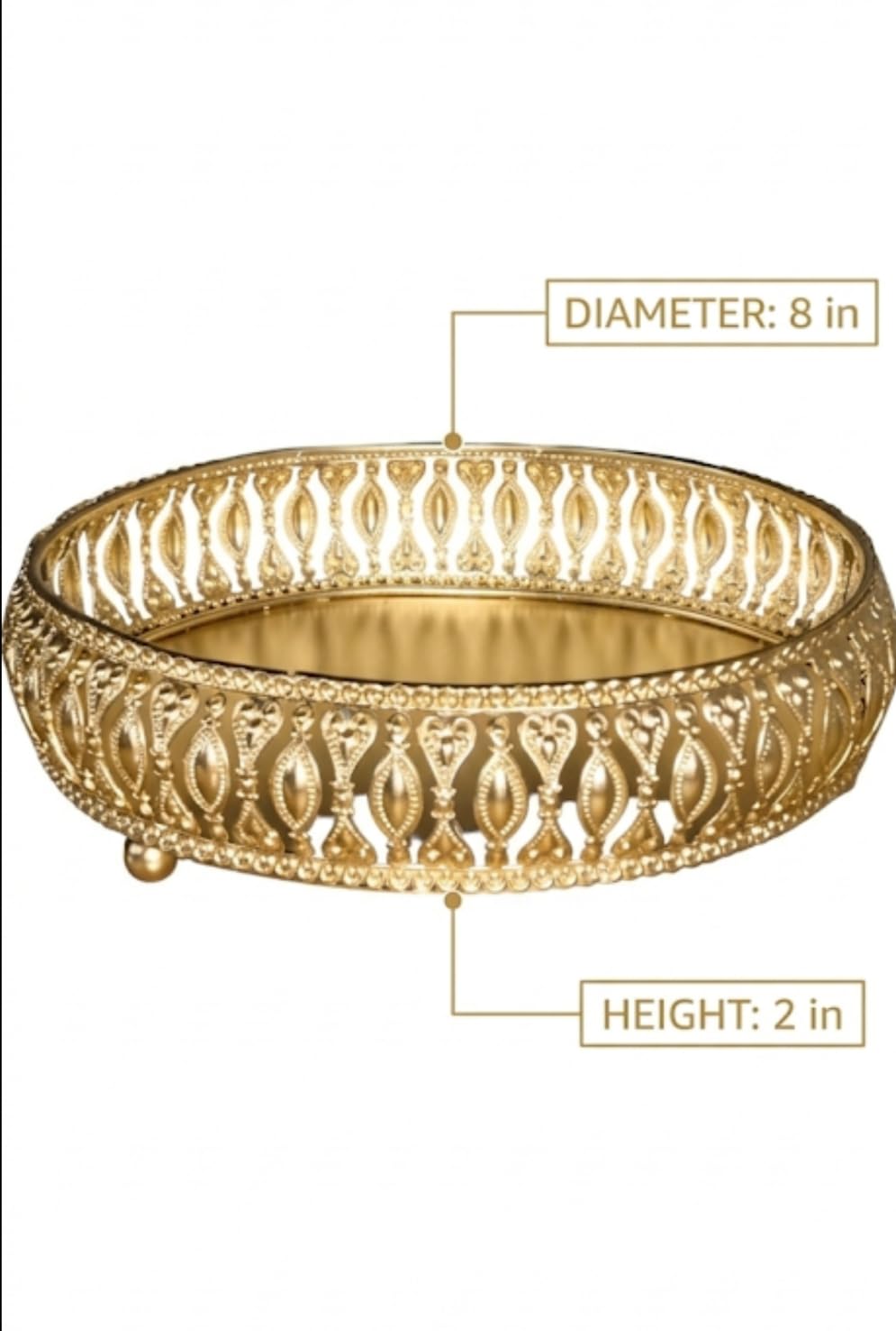 Premium Round Metal Decorative Tray with Intricate Lattice Cutwork – 8-inch Gold Finish Vanity Organizer for Home Décor, Coffee Table & Gifting – Elegant Mirrored Base Pedestal Tray