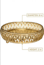 Premium Round Metal Decorative Tray with Intricate Lattice Cutwork – 8-inch Gold Finish Vanity Organizer for Home Décor, Coffee Table & Gifting – Elegant Mirrored Base Pedestal Tray
