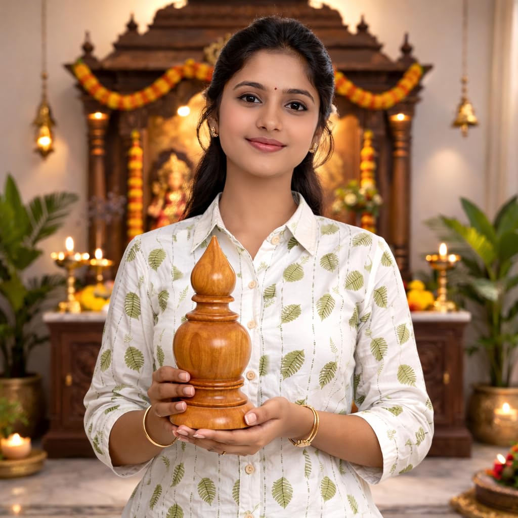 KARTHI7OCT STORE 7 Inch Polished Teak Wood Temple Kalash Finial – Handcrafted Wooden Dome – Pooja Kalasam for Home Mandir & Gopuram – Antique Furniture Decor – 3 Inch Base