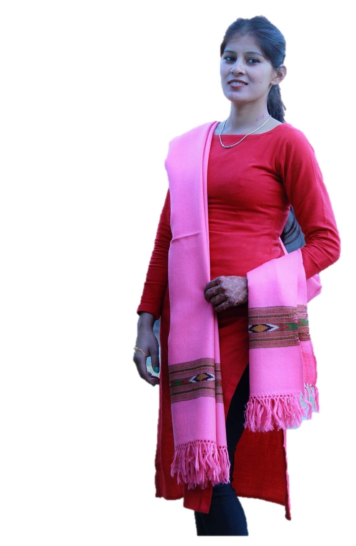 HImalayanKraft Hand Woven Kullu Handloom Pure Woolen Shawl Pink Colored with Beautiful Kullu Weaving Designed for Women and Girls.