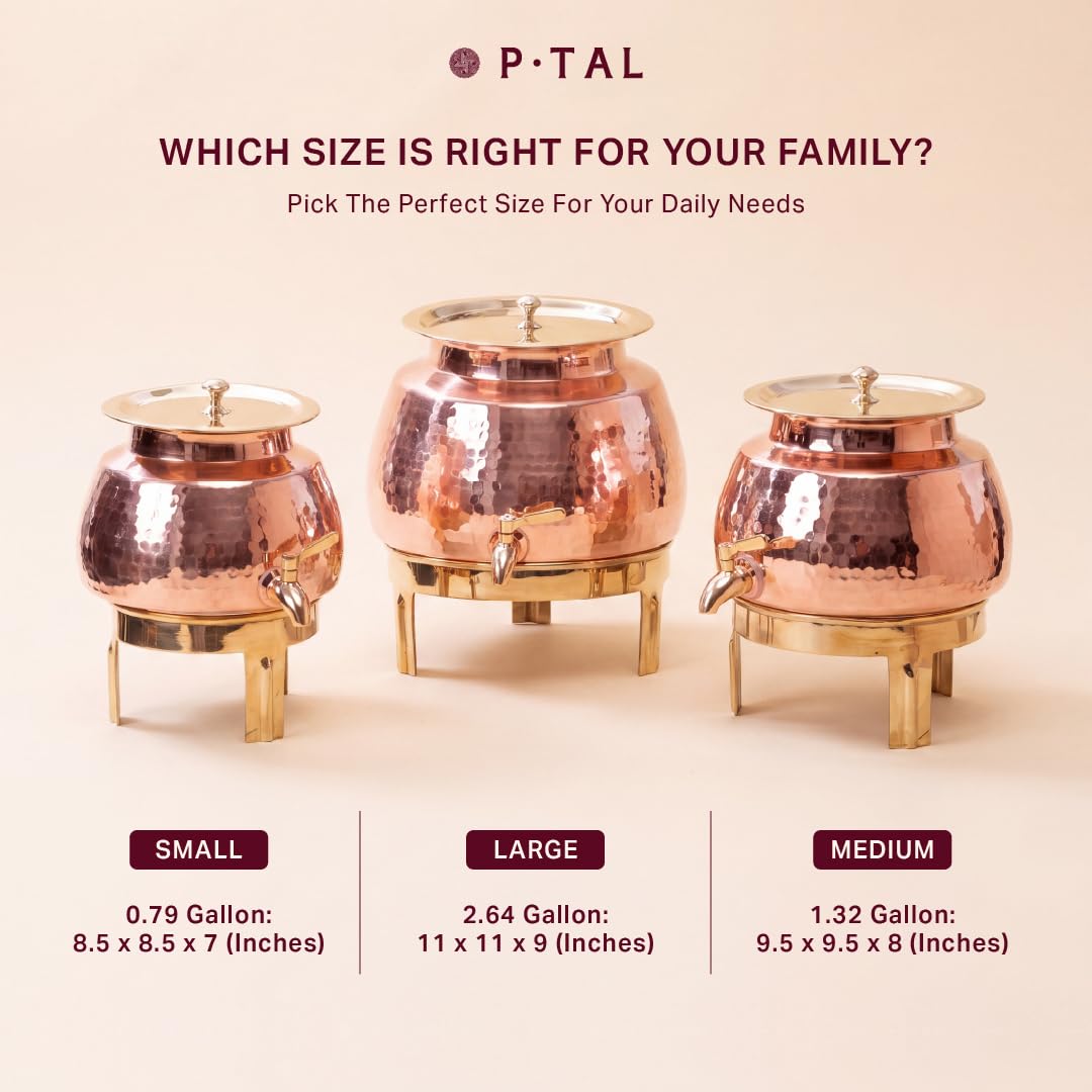 P•TAL Copper Water Dispenser Set with Gift Box | 100% Pure Copper Pot/Matka with Prefitted Leakproof Brass Tap, Lid and Stand (3L)