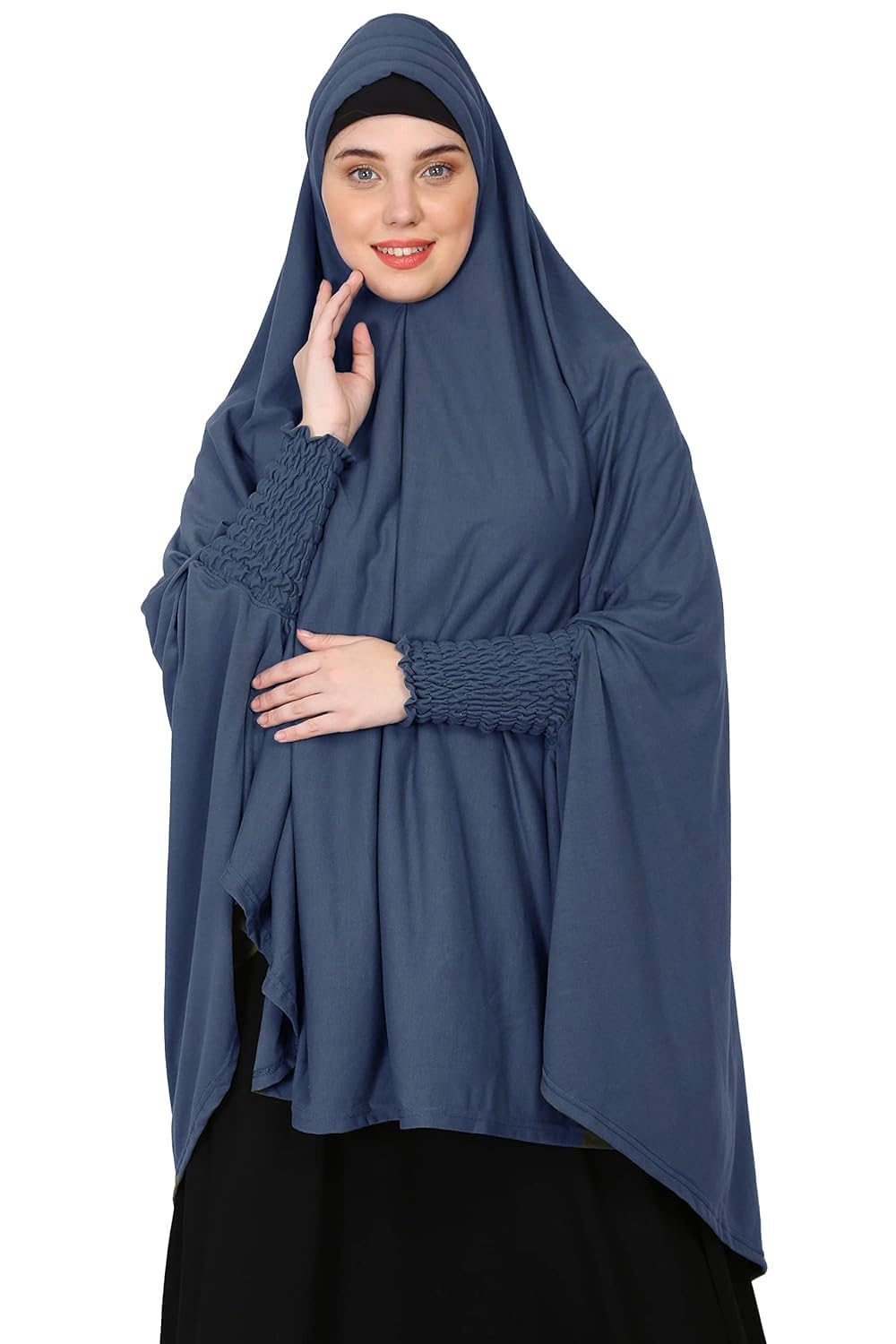 ICW Women Stretchable Jersey Smoking Sleeve Jilbab Cum Prayer Khimar Female Hijab (Free Size) (Metallic Grey)