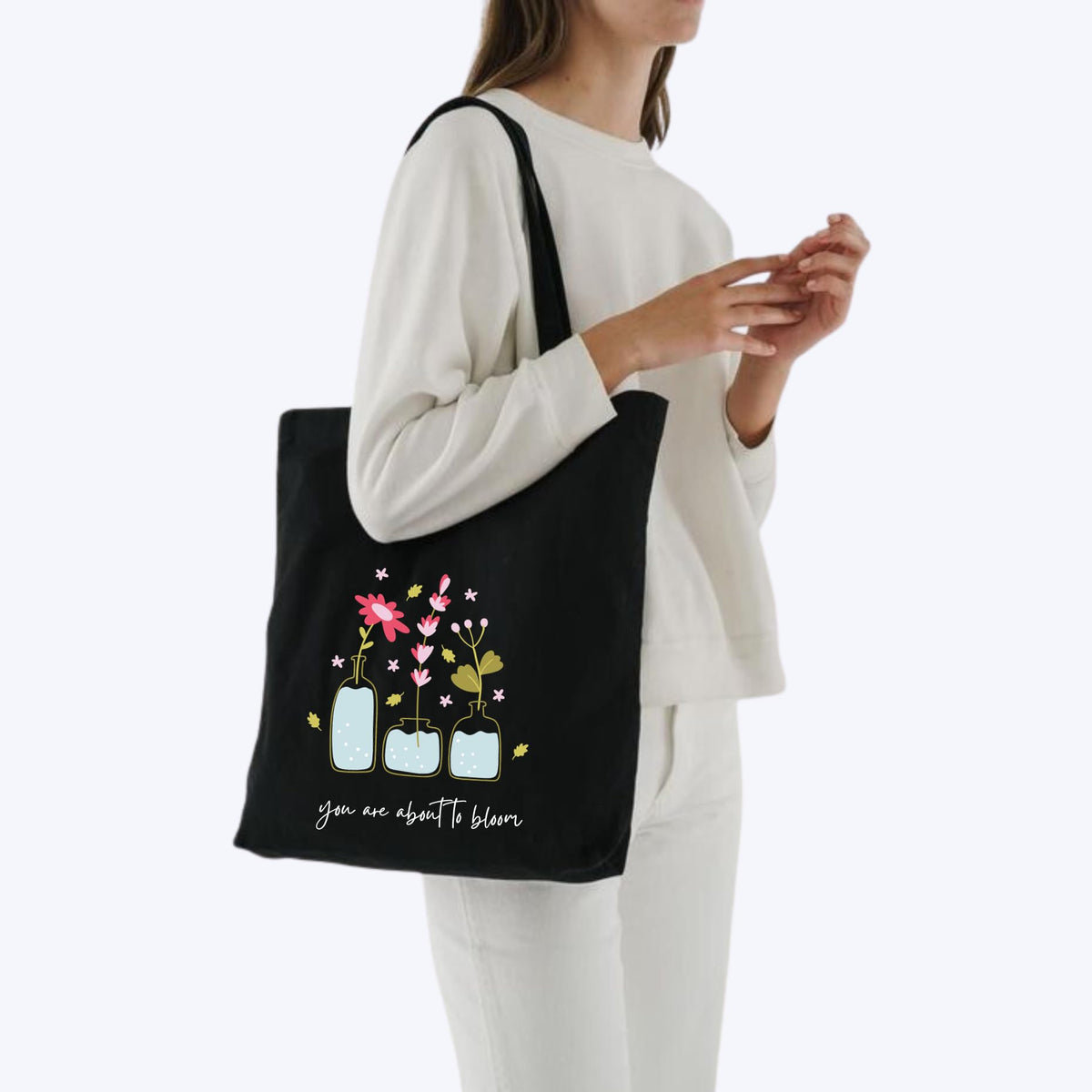 Peach Blossom Tote Bags With Zip, 100% Cotton Shopping/Grocery Bag, Multi-Purpose Canvas Bag 5kgs Capacity, Single Pack (Cbag_ZIP_WhiteMagical_BlackBotleFlowr)