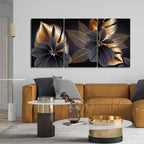 VIBECRAFTS Beautiful Golden Leaf Flower 3 Pieces Canvas Wall Painting Fitted With Wooden Frame For Home | Office | Living Room | Gifts(PTVC3Pcs3_11519N)