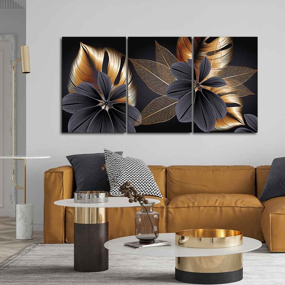 VIBECRAFTS Beautiful Golden Leaf Flower 3 Pieces Canvas Wall Painting Fitted With Wooden Frame For Home | Office | Living Room | Gifts(PTVC3Pcs3_11519N)