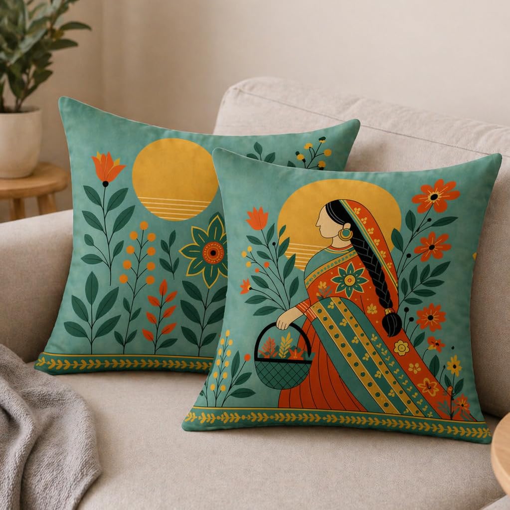 STITCHNEST Satin Cushion Covers Elegant Woman in Saree with Basket & Flowers, 24x24 Inch, Pack of 2 for Ethnic Sofa Styling & Gifting
