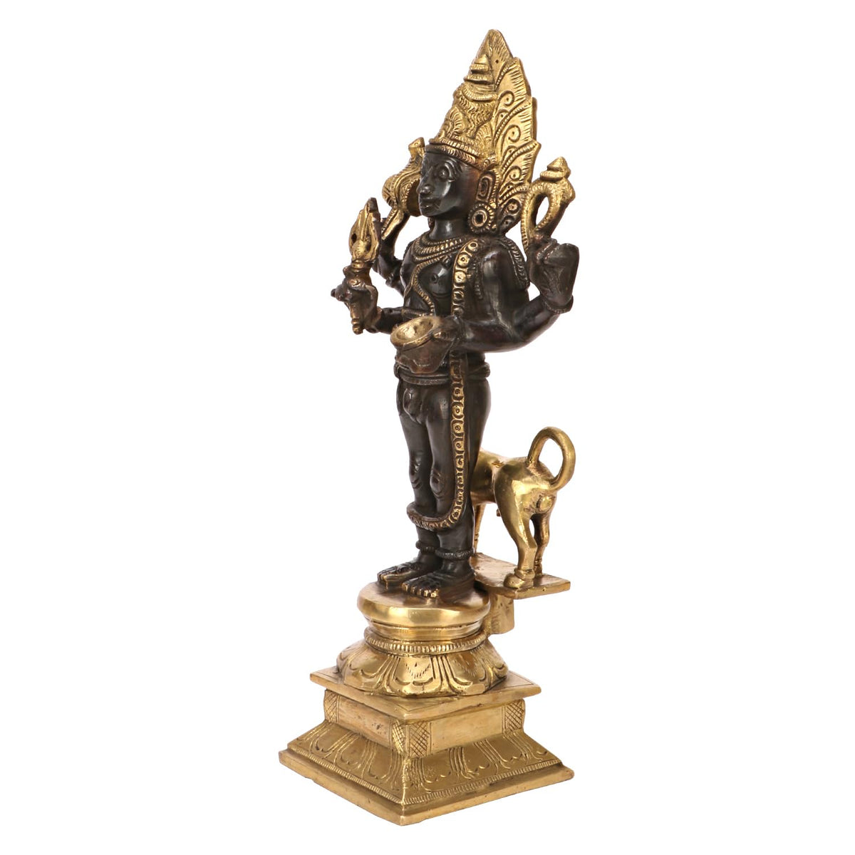 SVARUP Brass Kaal Bhairava with Dog Statue Maha Kala Murti Batuk Bhairava Puja Home Decor Idol Black Gold Color 11.5 Inch