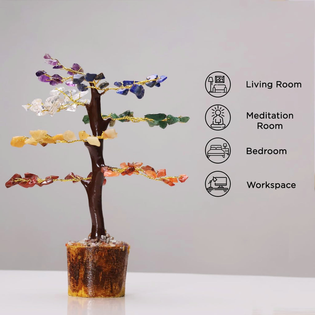 Shubhanjali 7 Chakra Tree 100 Beads M-Seal for Home Decoration | Crystal Tree for Positivity Goodluck | Gemstones | Feng Shui Stone Tree for Living Room, Office Desk & Hall Decor | Gift