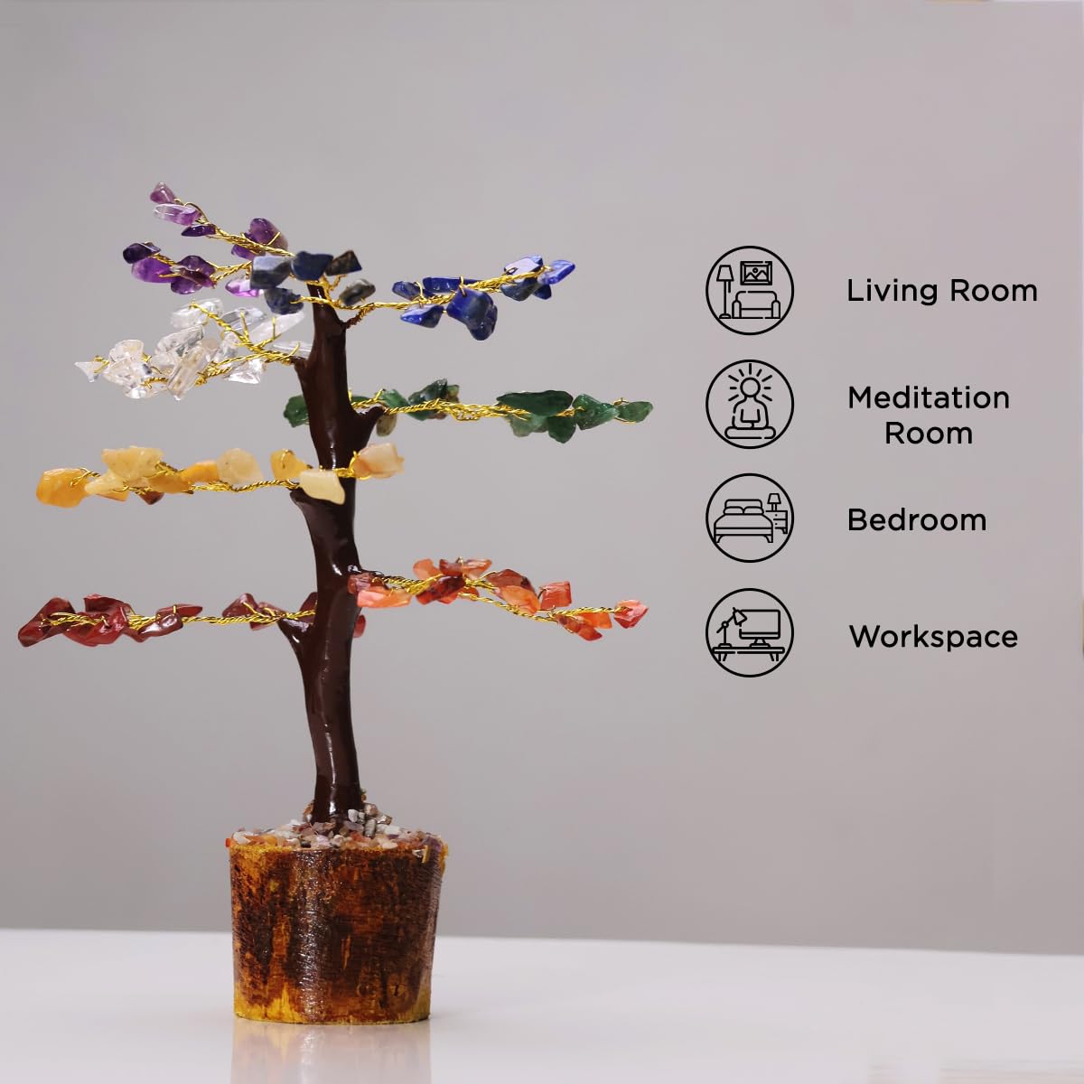 Shubhanjali 7 Chakra Tree 100 Beads M-Seal for Home Decoration | Crystal Tree for Positivity Goodluck | Gemstones | Feng Shui Stone Tree for Living Room, Office Desk & Hall Decor | Gift
