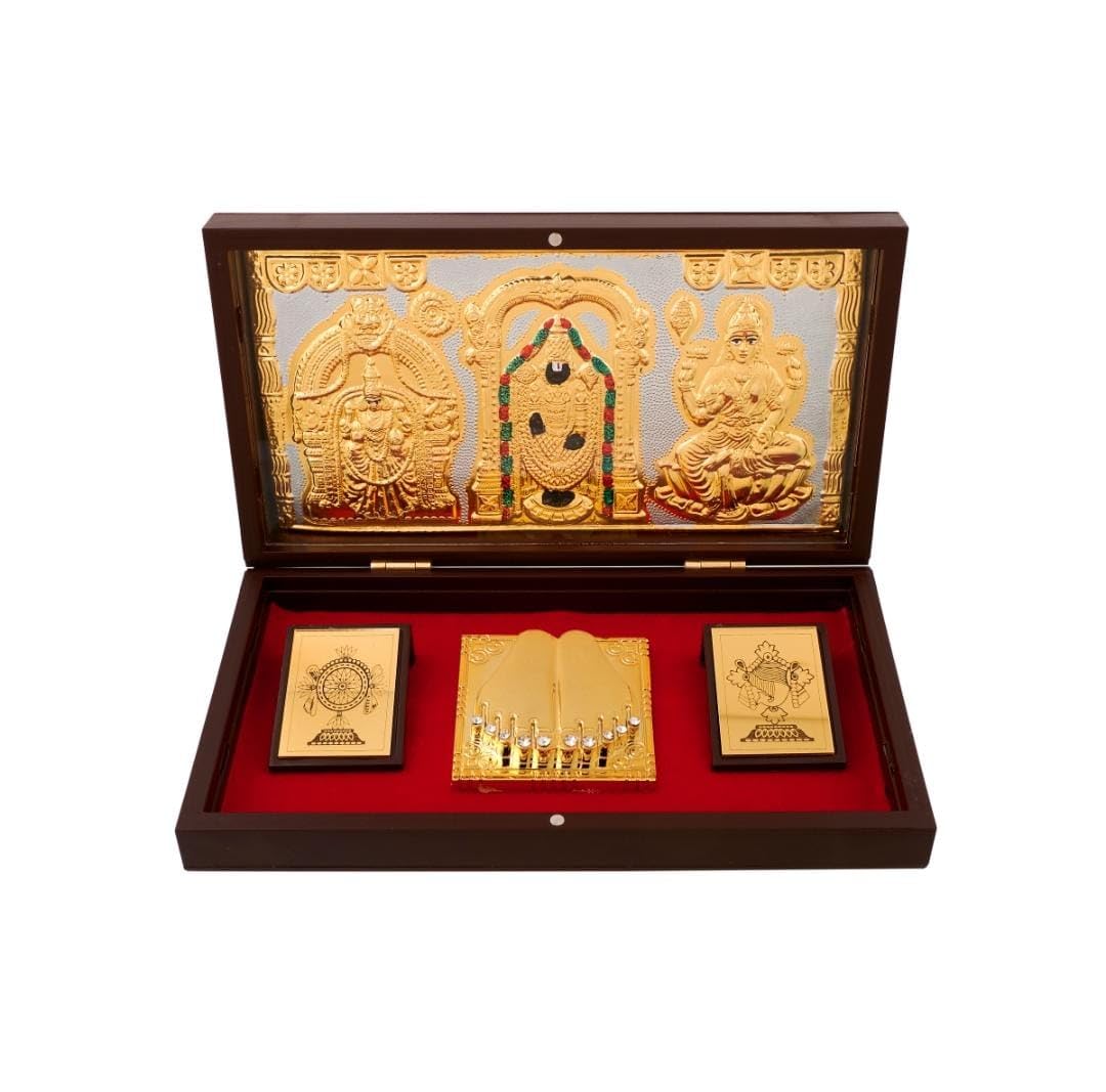 JSK Arts™ 24K Gold Coated Balaji Pocket Temple Wooden Pooja Box | Lord Venkateshwara Swamy Photo Frame Travel Mandir for Home | Vastu Wealth Prosperity Spiritual Gift for Diwali & Return Gift