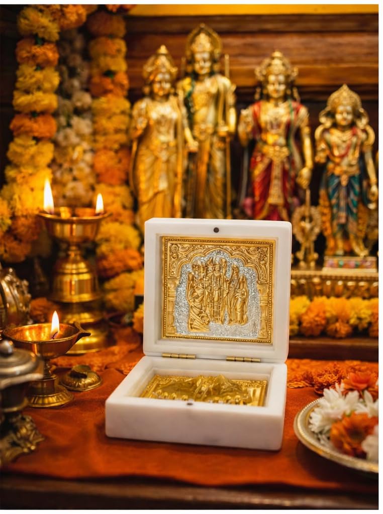 Ram Darbar Photo Frame,Pocket Temple with Charan Paduka, Gold Plated, Ram Parivar Photo Gift Box
