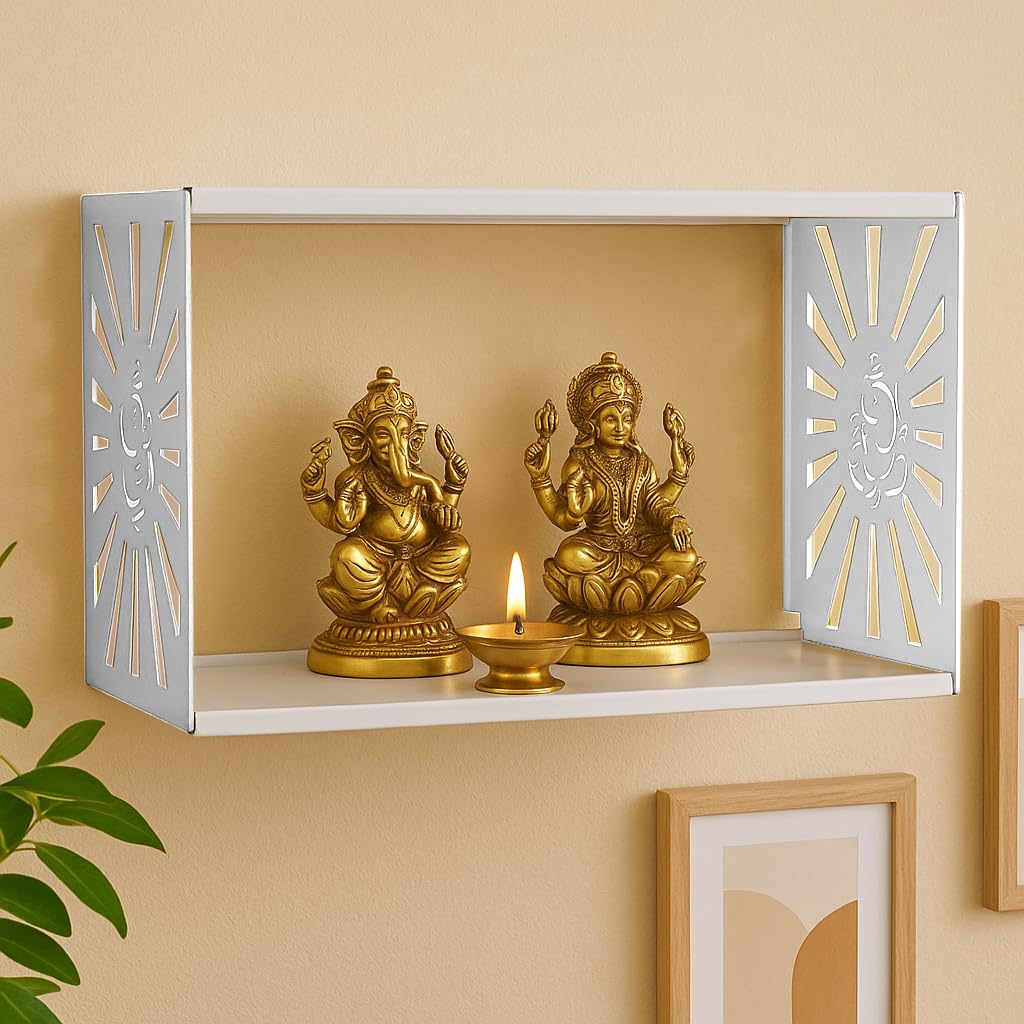 Spillbox Metal Pooja Home Temple|White Metal Shelf |Wall Mountable|Easy Screw Assembly|Home Temple for Puja Room |Pooja Stand | Mandir- Ganesh White