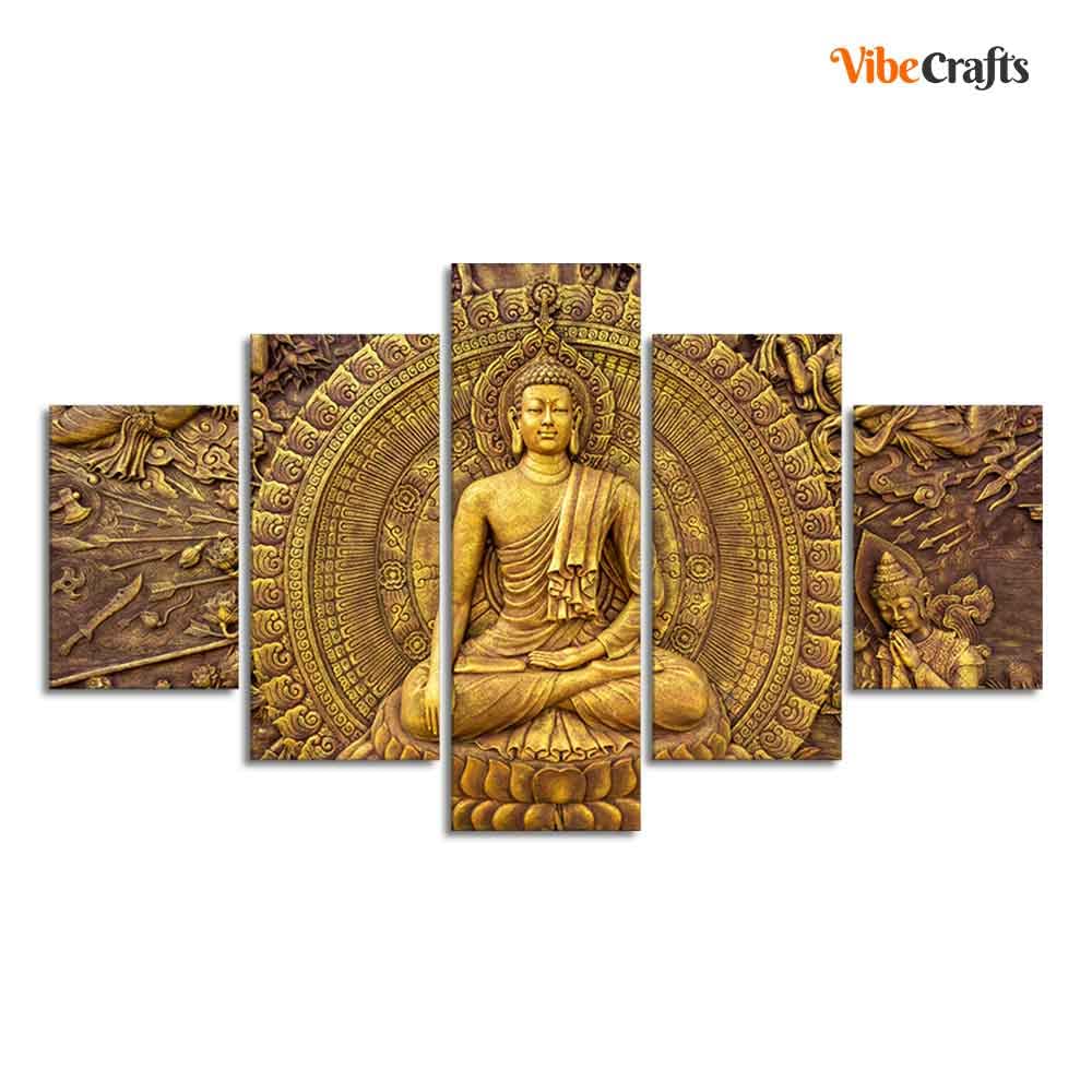 VIBECRAFTS Spiritual Buddha Wall Painting Five Pieces For Home|Office|Living Room|Gift (PTVC5Pcs1_5550)