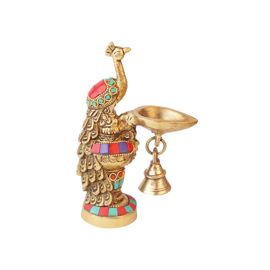 SVARUP Brass Ethnic Carved Peacock Design Brass Diya with Bell, Brass Antique Oil Lamp, Brass Diyas for Home.
