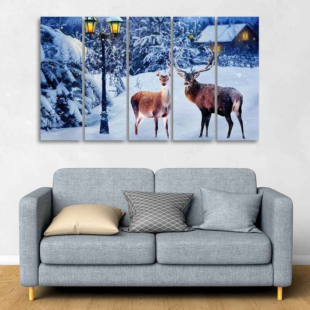 VIBECRAFTS Deer In Snowy Forest 5 Pieces Canvas Wall Painting For Home | Office | Living Room | Gift (PTVC5Pcs4_8542)