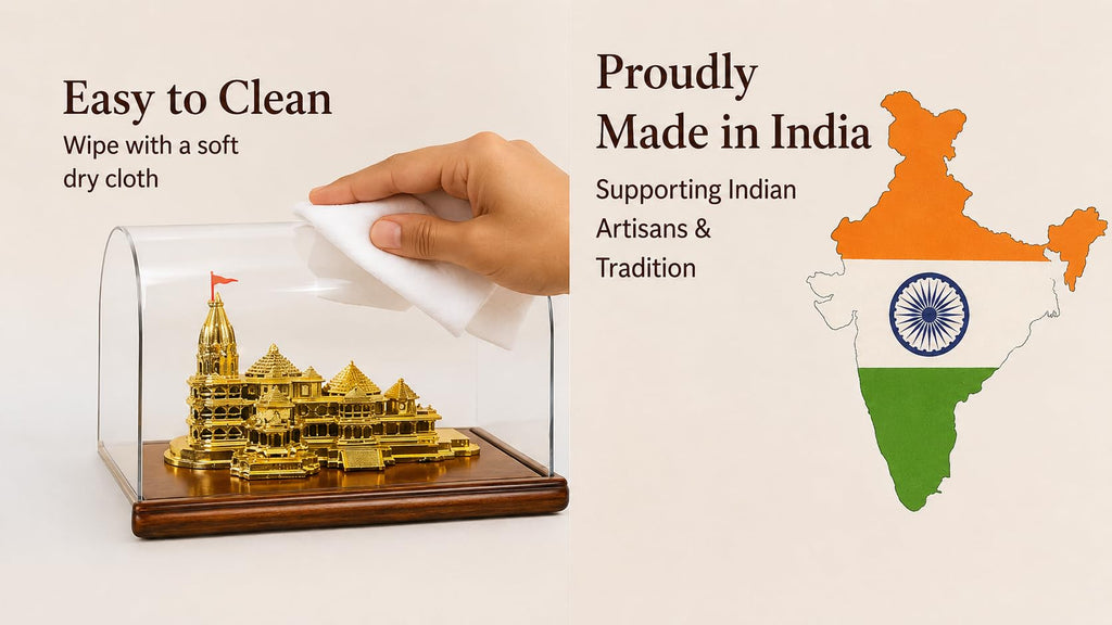 LOYELPROD Shri Ram Mandir Ayodhya Temple Model, Golden, with Acrylic Cover, Wooden Base, Hindu Religious Showpiece, Home Decor