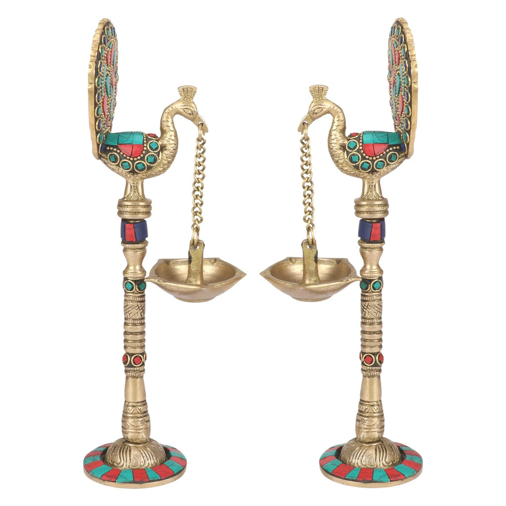 Artvarko Pair of Bird Peacock Hanging Chain Diya Oil Lamp Stand Brass Puja for Home Decor Temple Decorative Gift 9 Inches