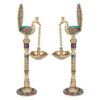 Artvarko Pair of Bird Peacock Hanging Chain Diya Oil Lamp Stand Brass Puja for Home Decor Temple Decorative Gift 9 Inches