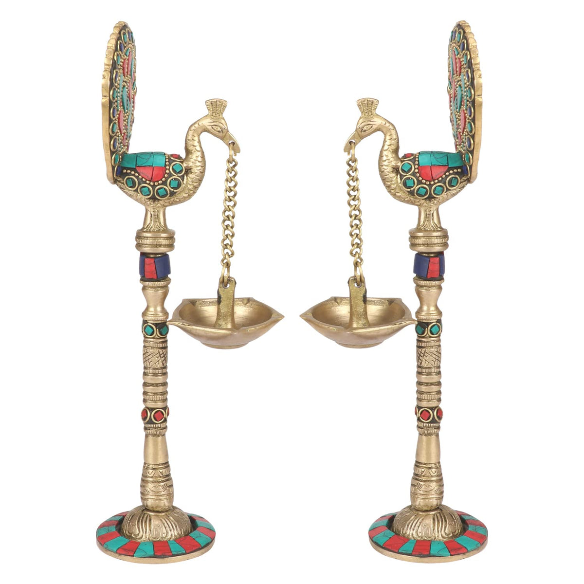 Artvarko Pair of Bird Peacock Hanging Chain Diya Oil Lamp Stand Brass Puja for Home Decor Temple Decorative Gift 9 Inches