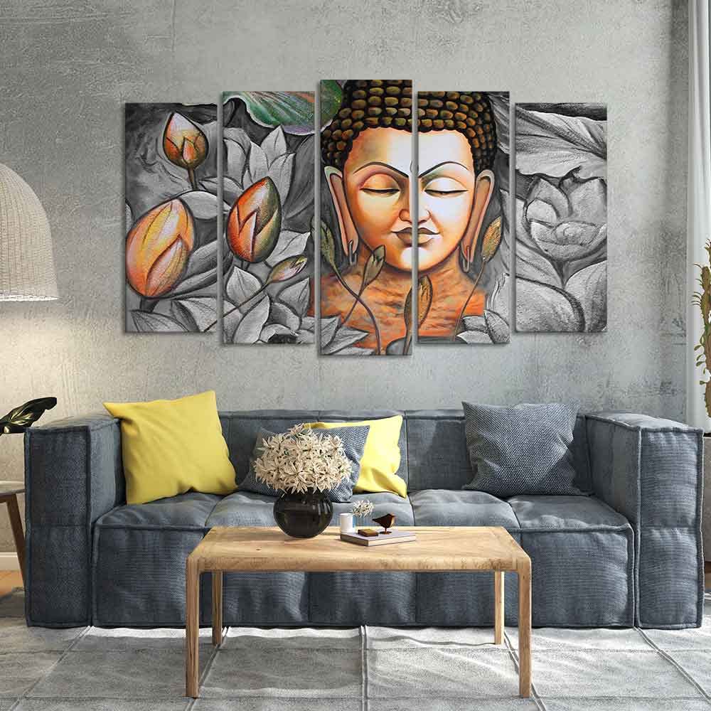 VIBECRAFTS Buddha Meditating Canvas Wall Painting Set of Five Pieces For Home|Office|Living Room|Gift (PTVC5Pcs2_6589)