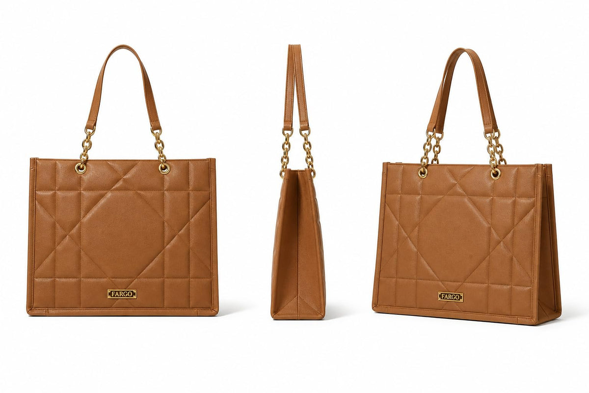 Fargo Matrix Tote Bag for Women | Vegan Leather Handbag with 15-Inch Laptop Compartment, Smooth Zip | Stylish Office, College & Daily Use Tote | Made in India (Tan)