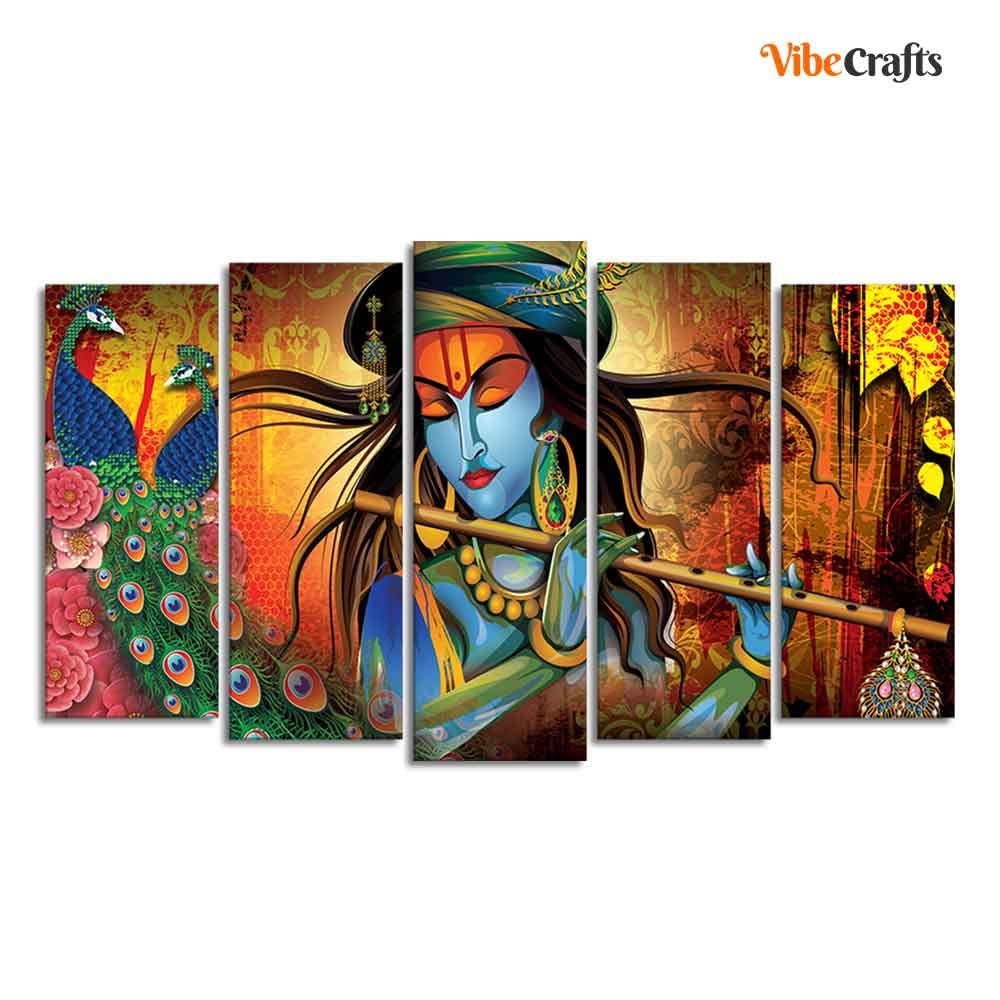 VIBECRAFTS Classic Krishna Premium Wall Painting Set of Five Pieces For Home|Office|Living Room|Gift (PTVC5Pcs2_6590)