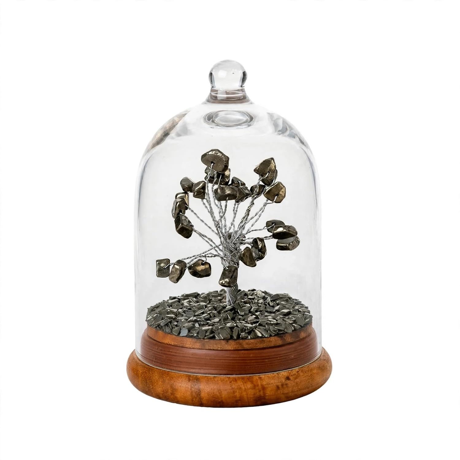 BhagyaG Pyrite Crystal Tree with Glass Dome & Wooden Base | Natural Pyrite Stone Money Tree Showpiece for Home, Office, Study Table & Décor | Elegant Gemstone Tree Gift