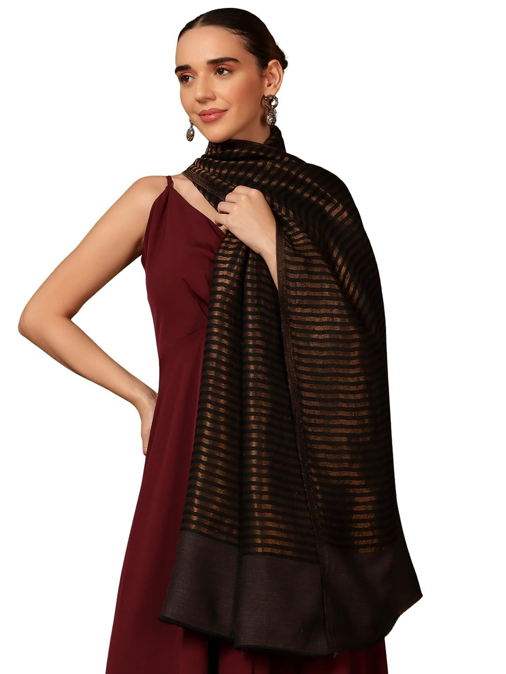Pashmoda Women Golden Eclipse Reversible Zari Moonlight Fine Wool Stole (Size : 28x80in, 71X203cm) ZSST03