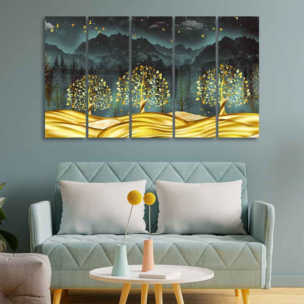 VIBECRAFTS Wall Painting of Golden Trees in Dark Forest of Five Pieces For Home|Office|Living Room|Gift (PTVC5Pcs4_8726)